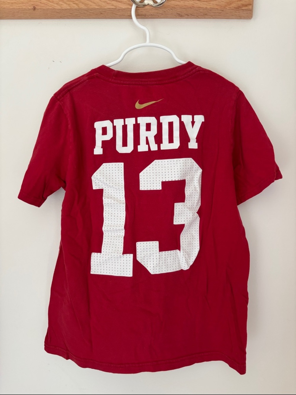 Nike Red Kids' 'Purdy 13' Back Graphic Tee with Gold Swoosh Size: Medium